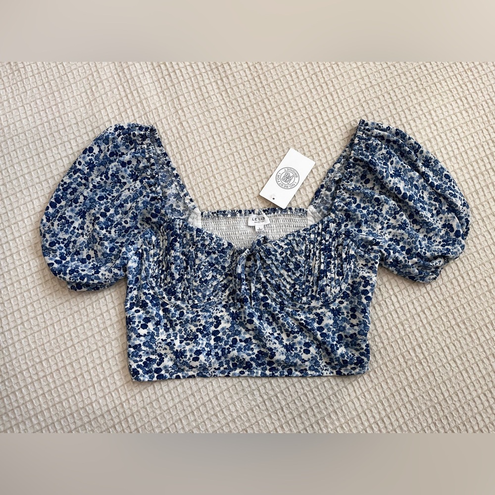 Le Lis Blue Floral Puff Sleeve Blouse Size Large Brand New With Tags!